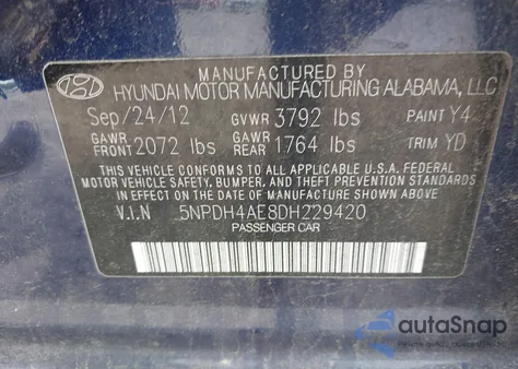 2013 Hyundai Elantra Gls from USA, damaged, VIN 5NPDH4AE8DH229420